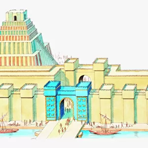Illustration of Ishtar Gate and Ziggurat in ancient city of Babylon