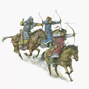 Illustration of Mongol soldiers on horseback shooting arrows