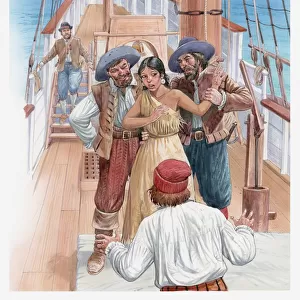 Illustration of Pocahontas being held on a boat