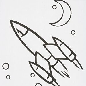 Illustration, rocket flying through space next to crescent moon and stars