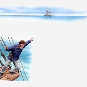 Illustration of sailor on the Ellen Austin leaning out over side of lookout post and pointing out at ghost ship in distance