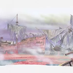 Illustration of ships graveyard in the Sargasso sea, wrecked ships and boat with skeleton sailor in the foreground