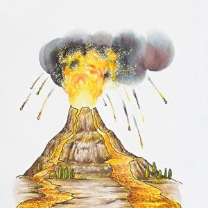 Illustration of volcano with ash cloud above erupting, molten lava, and larva flowing below