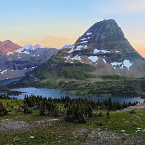 Landscape of Glacier National Park with Bearhat Mountain and Hidden Lake at sunset, Montana, USA