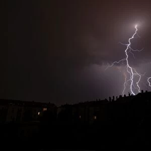 Lightning over a residential area in Leipzig, Saxony, Germany, Europe