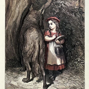 Little Red Riding Hood encounters the wolf in the wood, Fairy Tales of Charles Perrault