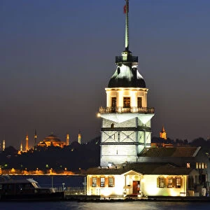 Maidens Tower in the Bosporus, left the Hagia Sophia, Uskudar, Istanbul, Turkey