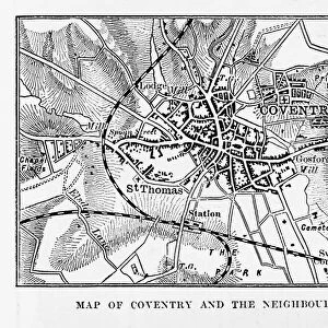 Map of Coventry in Warwickshire, England Victorian Engraving, 1840