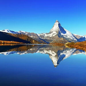 Matterhorn reflected in lake Stellisee, Valais Alps, Canton of Valais, Zermatt, Switzerland