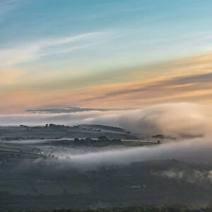 New Mills shrouded in fog, High Peak, Derbyshire. UK