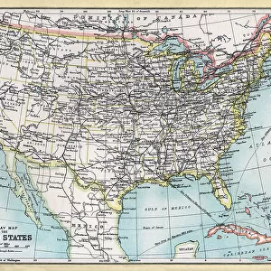 Old antique railway map of the United States of America, USA, 1890s, 19th Century