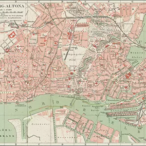Old chromolithograph map of Altona or Hamburg-Altona, the westernmost urban borough of the German city state of Hamburg (located on the right bank of the Elbe river)