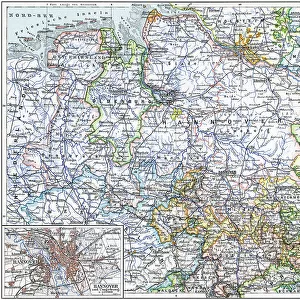 Old chromolithograph map of Hanover, capital and largest city of the German state of Lower Saxony