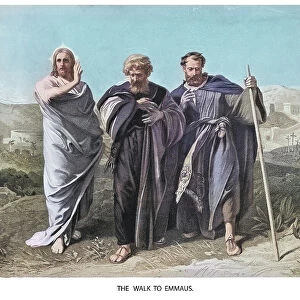 Old engraved illustration of Jesus Christ walk to Emmaus
