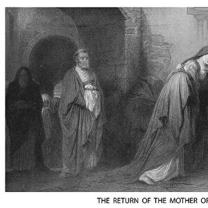 Old engraved illustration of the return of the Mother of Jesus from Golgotha