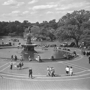 People walking around Bethesda Fountain in Central Park, New York USA, (B&W), elevated view