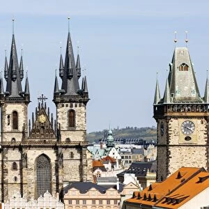 Prague skyline with Tyn Church and Old Town Hall Clock Tower in Prague, Czech Republic