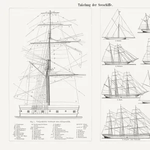 Rigging of the sailing ships, wood engravings, published in 1897