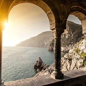 Sea viewed through arches, Portovenere, Cinque Terre, Liguria, Italy