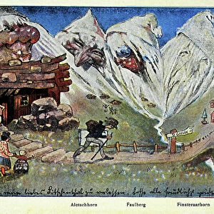 Swiss postcard, Mountains depicted as people, Fischerhorn, Alestschhorn, Faulberg, Finsteraarhorn, Jugendstil Art Nouveau, 19th Century art
