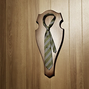 Tie with knot hanging as a trophy on a wall
