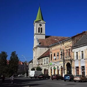 Town centre and Roman Catholic Church of Aiud, German Strassburg am Mieresch, a town in Alba County, Transylvania, Romania