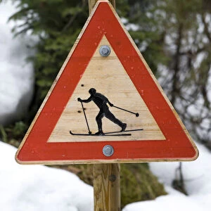 Traffic sign calling attention fo crossing cross-country skiers, Oslo, Norway, Europe