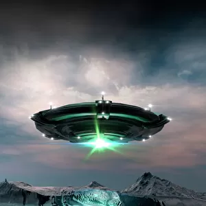 Ufo above planet surface, illustration