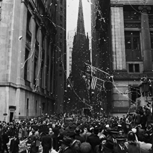 VE Day In New York; corner of Wall Street and Nassau Street in New York City during