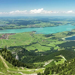 View from Tegelberg Mountain towards Lake Forggensee and Lake Bannwaldsee in Allgaeu, Bavaria, Germany, Europe, PublicGround