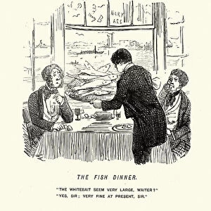 Waiter serving to men a fish dinner, Victorian cartoon, John Leech