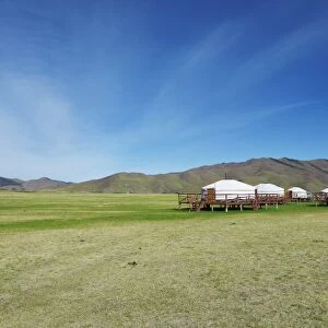 Yurt camp on wheels, Hustai National Park, also Khustain Nuruu National Park, Southern Steppe, Ovorkhangai Province, Mongolia