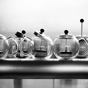 Glass Bodum teapots on metal shelf in restaurant credit: Marie-Louise Avery / thePictureKitchen
