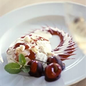 Spectacular, dessert of meringue with vanilla ice cream, cherry coulis and fresh
