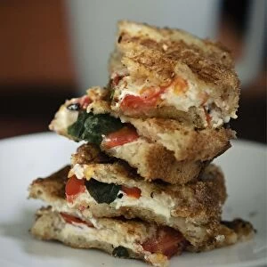 Toasted sandwich of gluten free bread with goats cheese feta, tomatoes and basil