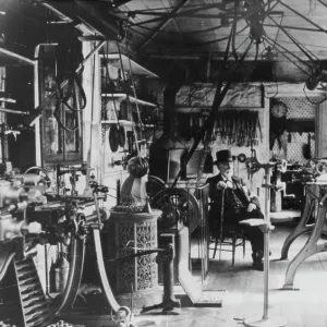 James Tangye (1825-1912) in his workshop at Aviary Court, Illogan, Cornwall. Around 1900