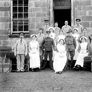 Patients and nurses outside the Royal Cornwall Infirmary, Truro, Cornwall. Probably 28th January 1916