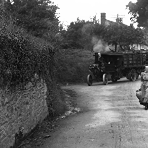Traction engine outside the Wheel Inn, Tresillian, Cornwall. 1920s