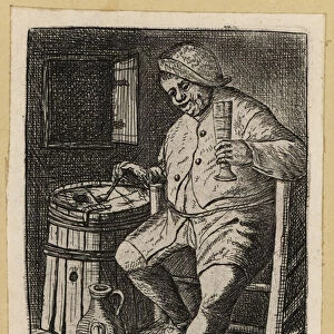 17th century Dutch peasant man drinking and smoking in a tavern. 1803 (engraving)