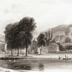19th century view of Beaumont Lodge, Old Windsor, Berkshire, England. Sold in 1854 to the Society of Jesus and renamed Beaumont College, a Jesuit public school. From Churton's Portrait and Lanscape Gallery, published 1836