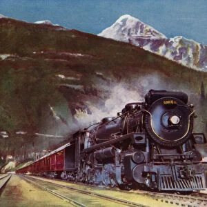 2-10-4 steam locomotive of the Canadian Pacific Railway at the foot of the Rocky Mountains, Canada (colour litho)