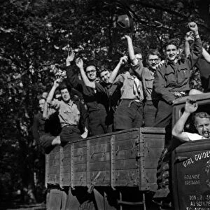 6th World Scout Jamboree in a Girl Guides Association Vehicle, Moisson, France, August 1947 (b / w photo)