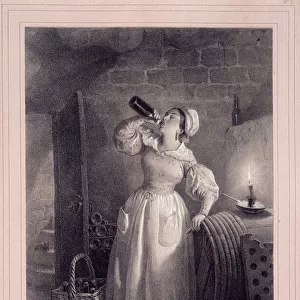 Abuse of trust (domestic drinking wine in the cellar) - lithography, 19th century