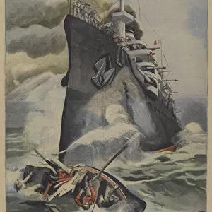 Accidental sinking of a fishing boat by the French armoured cruiser Admiral Aube during speed trials (colour litho)