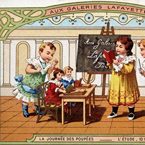 Advertising card for Galeries Lafayette: little girls playing as a teacher