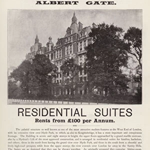 Advertisement for residential suites at Hyde Park Court, Albert Gate, Knightsbridge, London (litho)