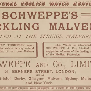 Advert for Schweppes Sparkling Malvern, bottled at the springs, Malvern (engraving)