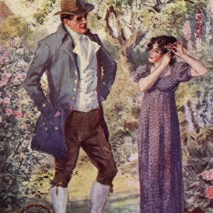 Adam Bede gives a rose to Hetty (colour litho)