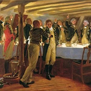 Admiral Nelson raising a toast to victory with his fellow officers the night before