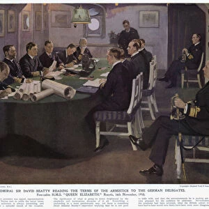 Admiral Sir David Beatty reading the terms of the armistice to the German Delegates, fore-cabin HMS Queen Elizabeth, Rosyth, 16 November 1918 (colour litho)